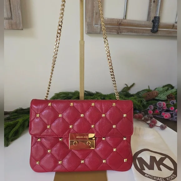 Michael Kors Sloan Quilted Leather Shoulder Bag- Red- Gold Chain Strap- Like New - Picture 1 of 16